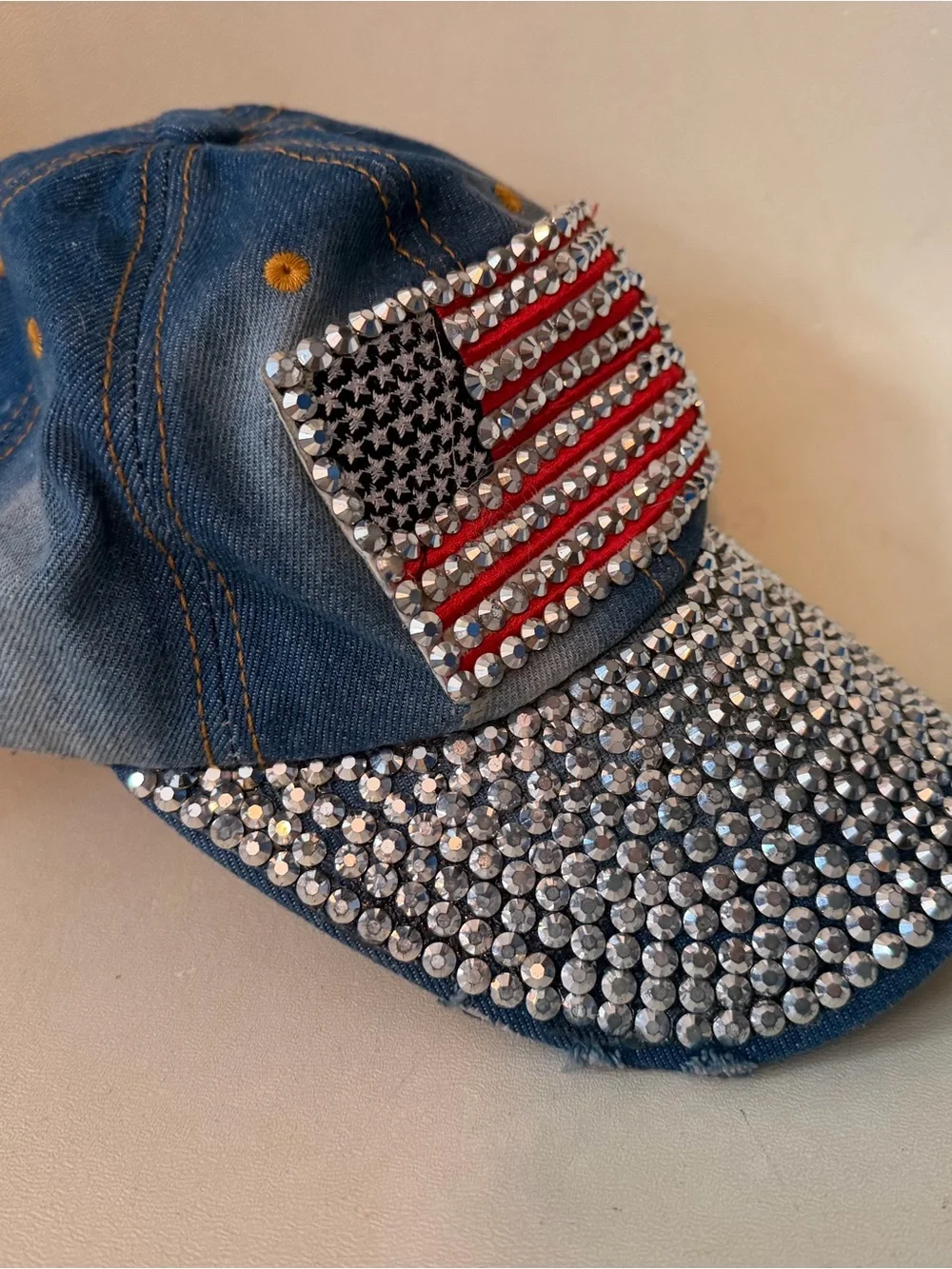 Denim Rhinestone Baseball Cap with American Flag Patch - Blue distressed
